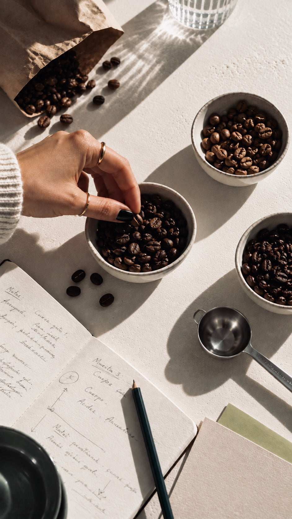 Una mano elige un grano entre tres cuencos de café tostado, con cuaderno, lápiz y cuchara de cata sobre piedra clara